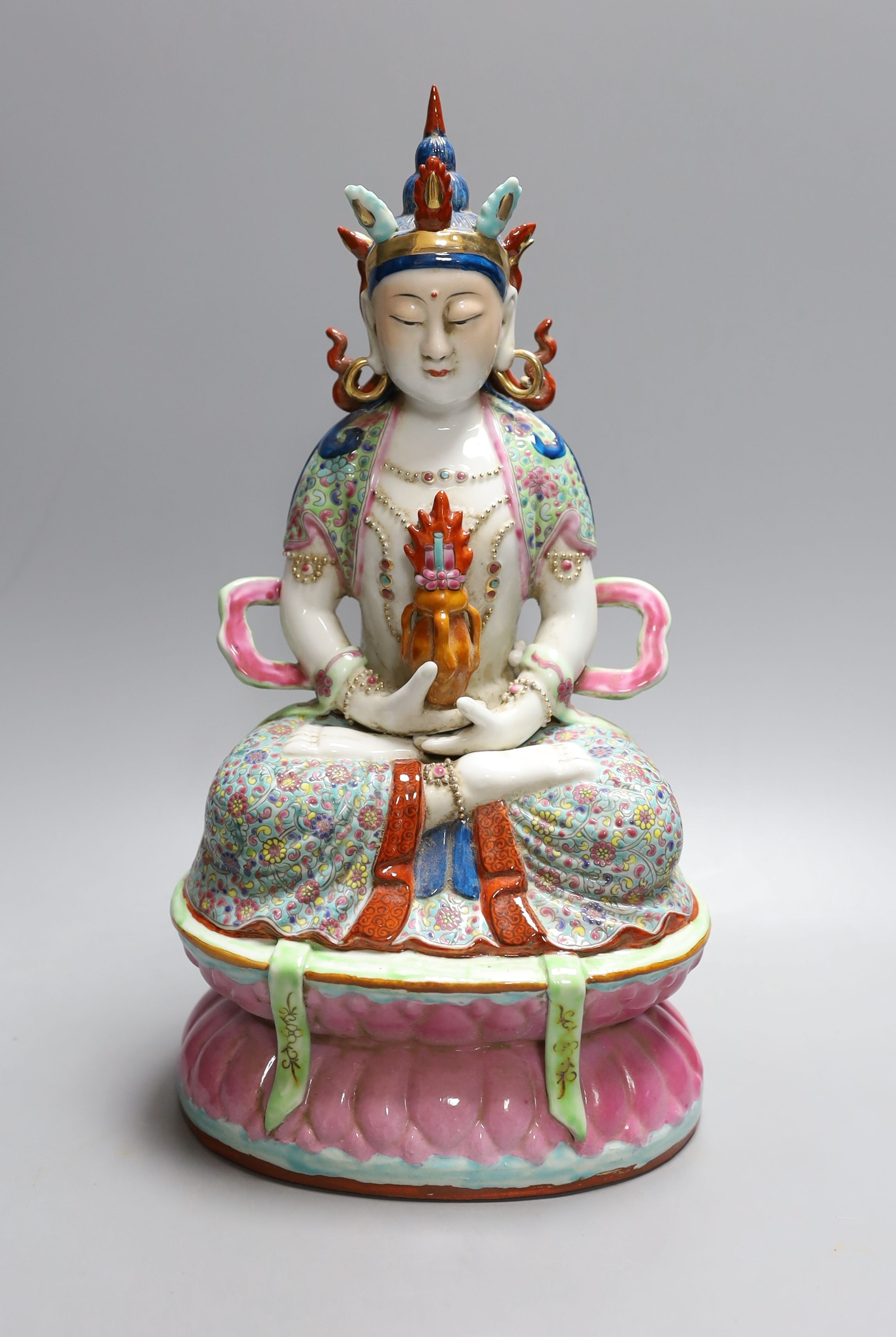 A Chinese famille rose seated of Amitayus, marked to base - 33cm tall